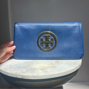 Tory Burch Cobalt Blue Logo Clutch Bag With Removable Shoulder Strap Gold Accent